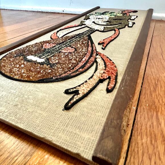 Vintage Mid-Century Gravel Art Wall Hanging – Abstract Musician with Lute - Picture 8 of 16